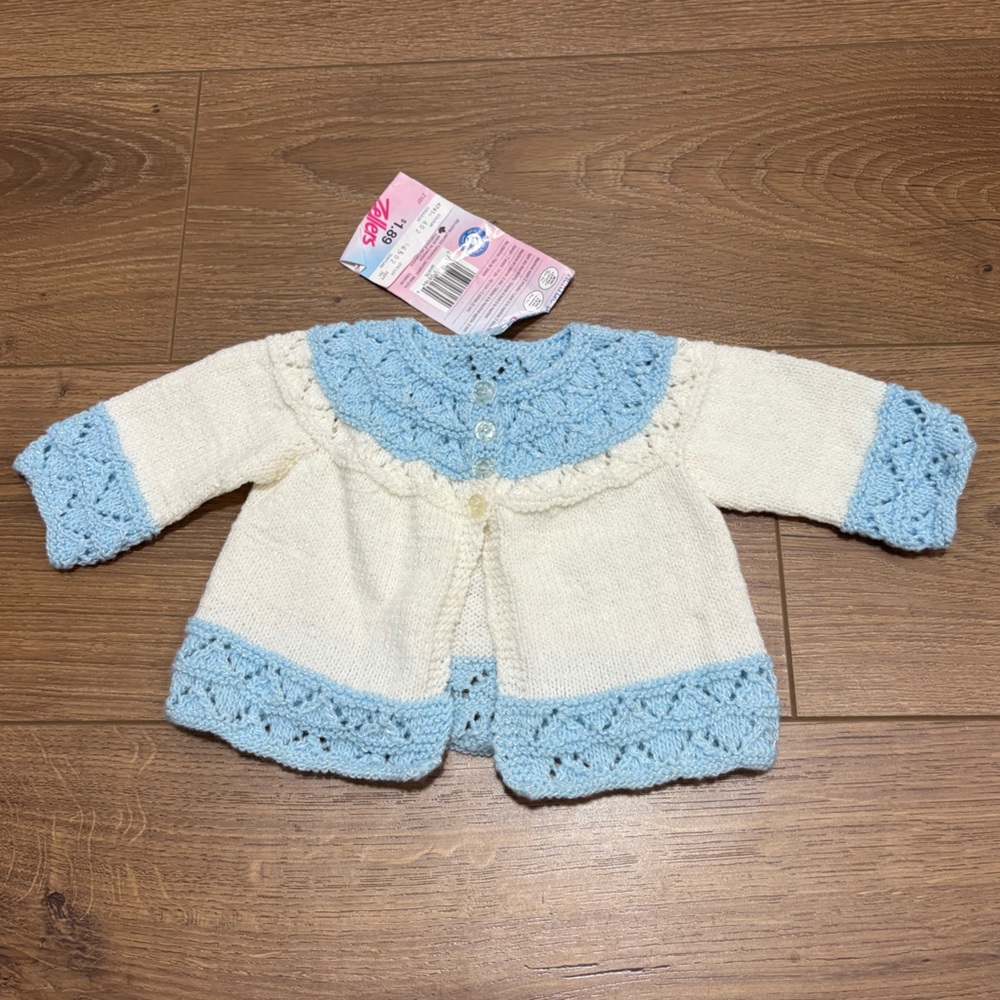 Hand Knit Vintage 80s Blue and White Baby Button Closure Knit Cardigan